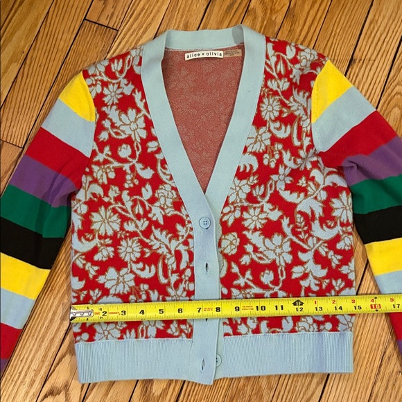 Alice + Olivia Red Floral Cardigan with Striped Sleeves - Picture 5 of 6